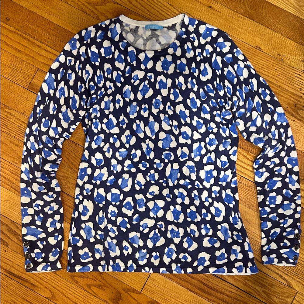 J. McLaughlin Blue and White Patterned Jersey Top